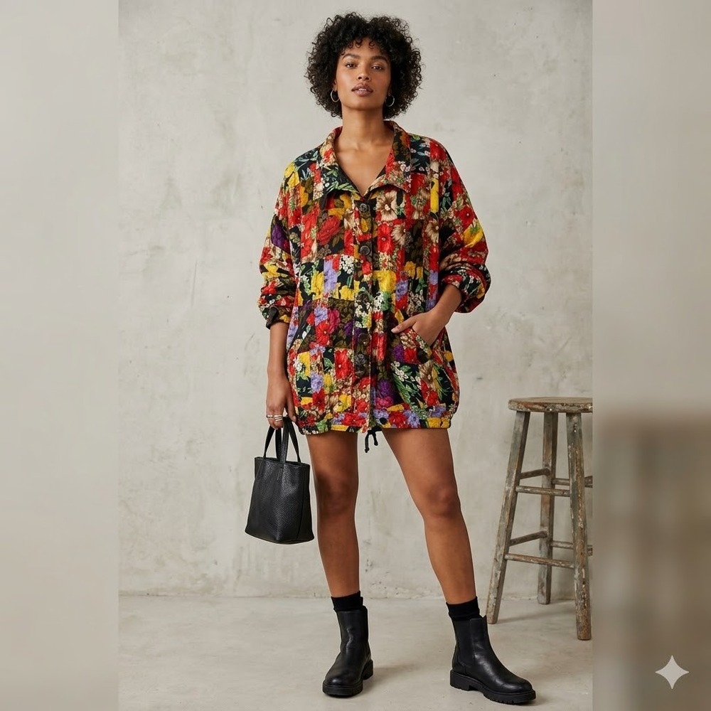 OK MIKE Floral Patchwork Jacket One Size Multicolor Boho Y2K 90s Art‎ Festival